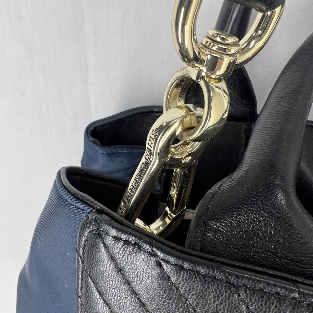 Karl Lagerfeld Paris Misto Black Leather and Blue Nylon Satchel Bag with Tags - Picture 5 of 15